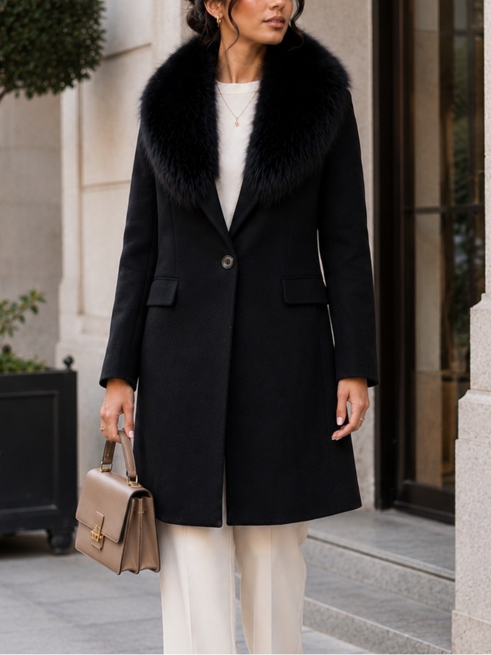 Versus Versace - Black Wool Coat with Fur Collar